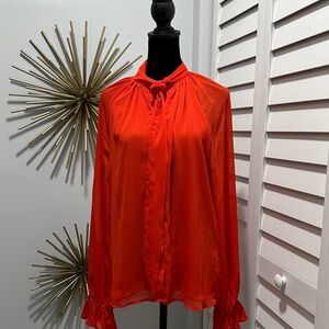 New York & Company Bright Red Tie Neck Blouse